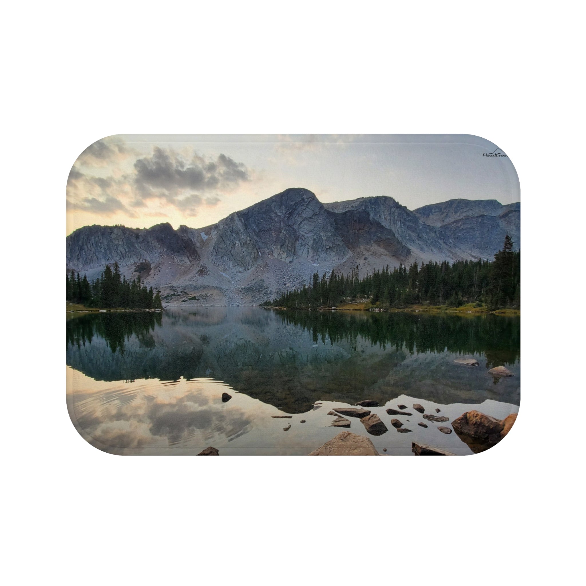 Mountain Lake Bath Mat — Serene Alpine Reflection Bathroom Rug