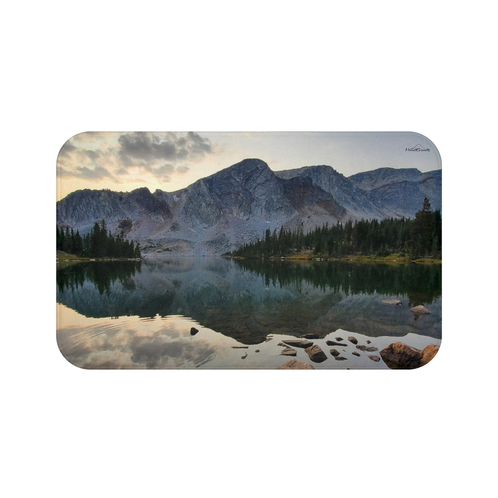 Mountain Lake Bath Mat — Serene Alpine Reflection Bathroom Rug