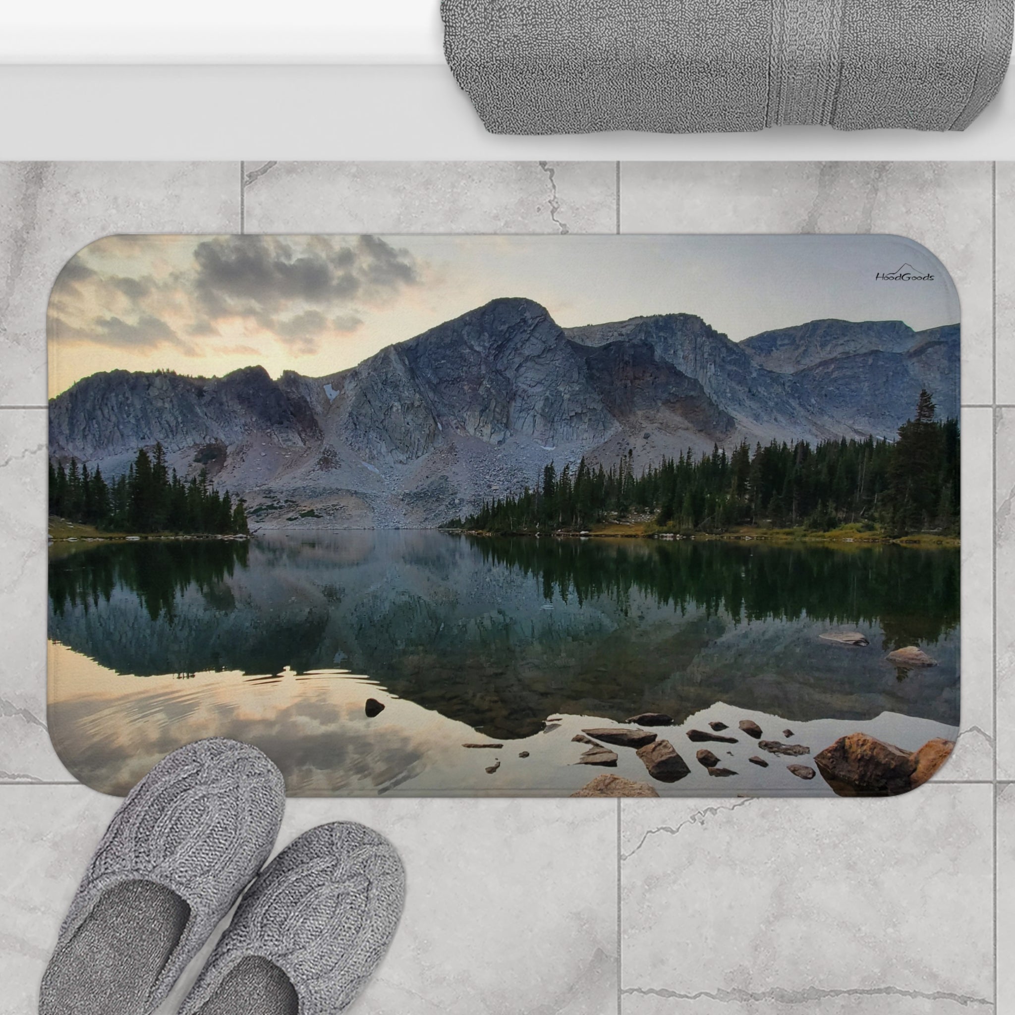 Mountain Lake Bath Mat — Serene Alpine Reflection Bathroom Rug