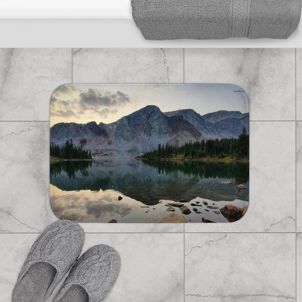 Mountain Lake Bath Mat — Serene Alpine Reflection Bathroom Rug